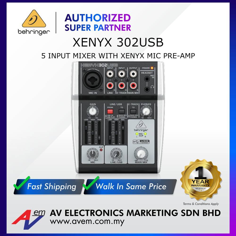 BEHRINGER XENYX 302USB 5Input Mixer with XENYX Mic Preamp and USB